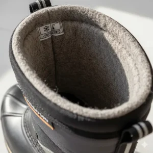 Close-up of the thick insulation inside a high-performance ice fishing boot liner, designed for warmth in sub-zero temperatures.