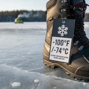 A graphic or tag showing the extreme temperature rating (e.g., -100°F) of specialized ice fishing boots for the coldest climates.