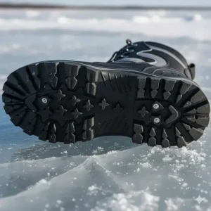 Detailed view of the rugged, non-slip traction sole and deep lugs on the bottom of an ice fishing boot, suitable for walking on slick ice.