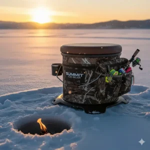 Ice fishing bucket chair style with integrated storage for tackle and gear.