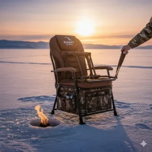 Ice fishing chair completely folded flat and ready for compact storage and transport.