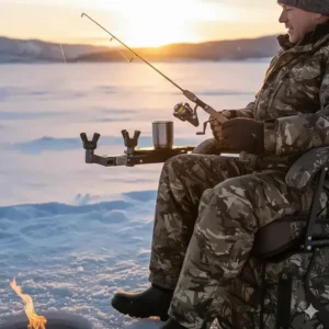 Ice fishing chair equipped with a convenient attached rod holder accessory.