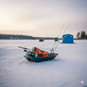 A complete ice fishing setup on the ice, featuring an ice shelter, rods, and an electric ice auger on the sled.