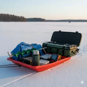 The ice fishing rod case sitting securely on a sled alongside other essential winter fishing gear.