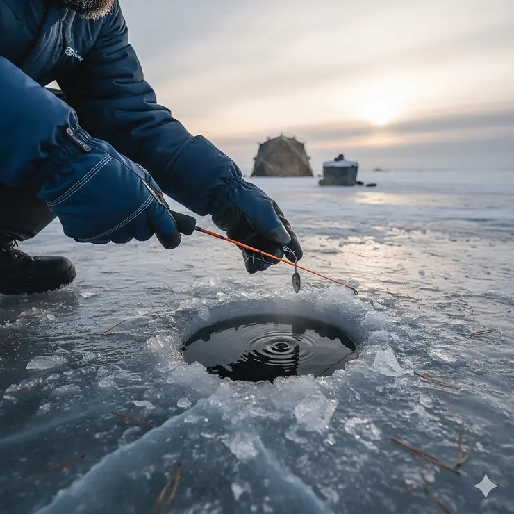 A close-up shot of a pair of ice fishing gloves keeping an angler's hands warm while they hold a rod over a hole in the ice.