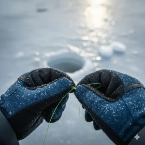 Angler demonstrating excellent grip and flexibility while tying a knot with their ice fishing gloves on.