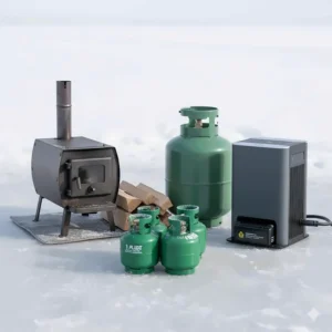 Various fuel sources for ice fishing heaters, including propane tanks, a battery-powered heater, and a small wood stove.