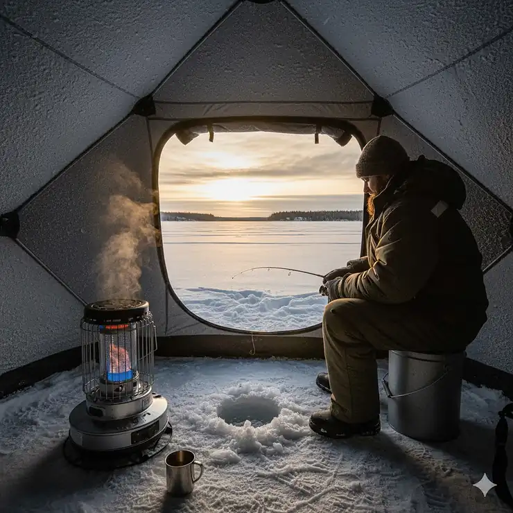 A lone ice fisherman stays warm and comfortable inside a modern ice fishing shanty with a glowing portable ice fishing heater.