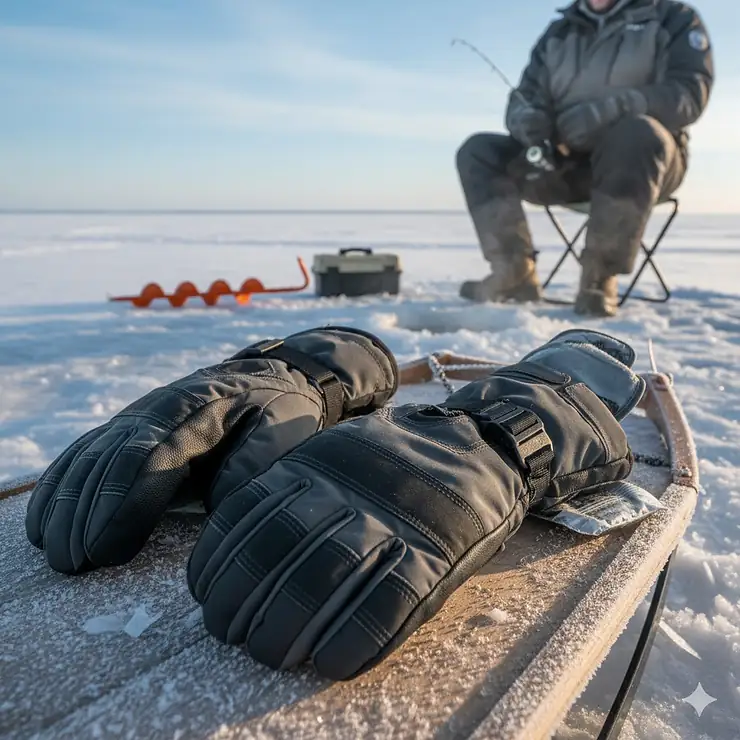 Warm waterproof ice fishing mittens with adjustable wrist straps, perfect for extreme cold.