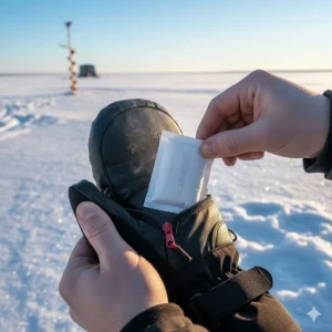 Ice fishing mittens featuring small pockets for hand warmer packets to maximize heat retention.