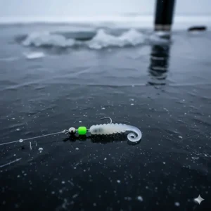A small soft plastic tail rigged on a tiny jig head, commonly used as an ice fishing bait.