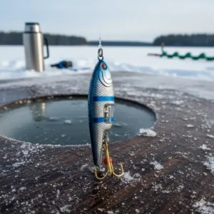 A detailed photo of a silver and blue rattling lure designed to attract fish under the ice.