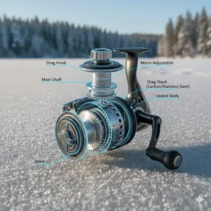 Illustration highlighting the micro-adjustable drag system of a top-tier ice fishing reel to handle powerful runs.