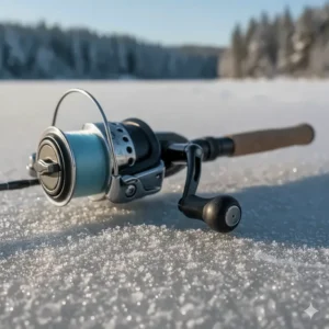 Detailed view of the handle and comfortable foam grip on a durable ice fishing reel model.