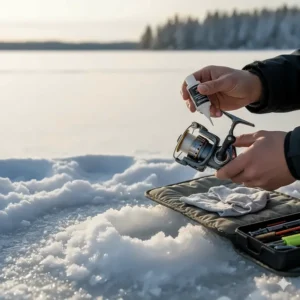 An angler cleaning and applying lubricant to an ice fishing reel for optimal cold-weather performance.