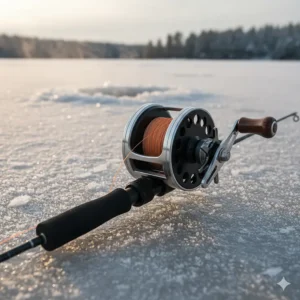 Close-up shot of a high-quality ice fishing reel mounted securely on a rod, ready for use on the frozen lake.