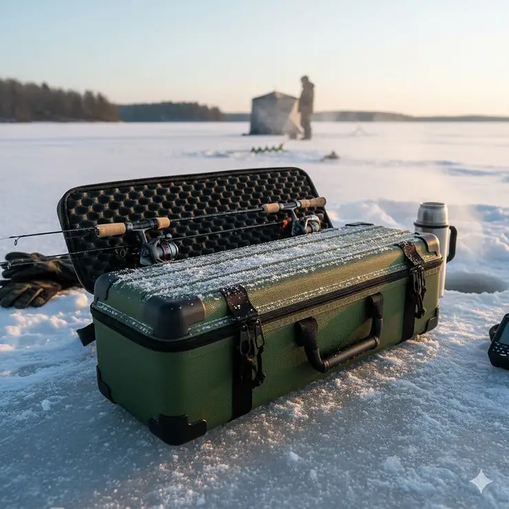 Ice fishing rod case made of durable hard shell material, designed to protect multiple rods and reels during transport.