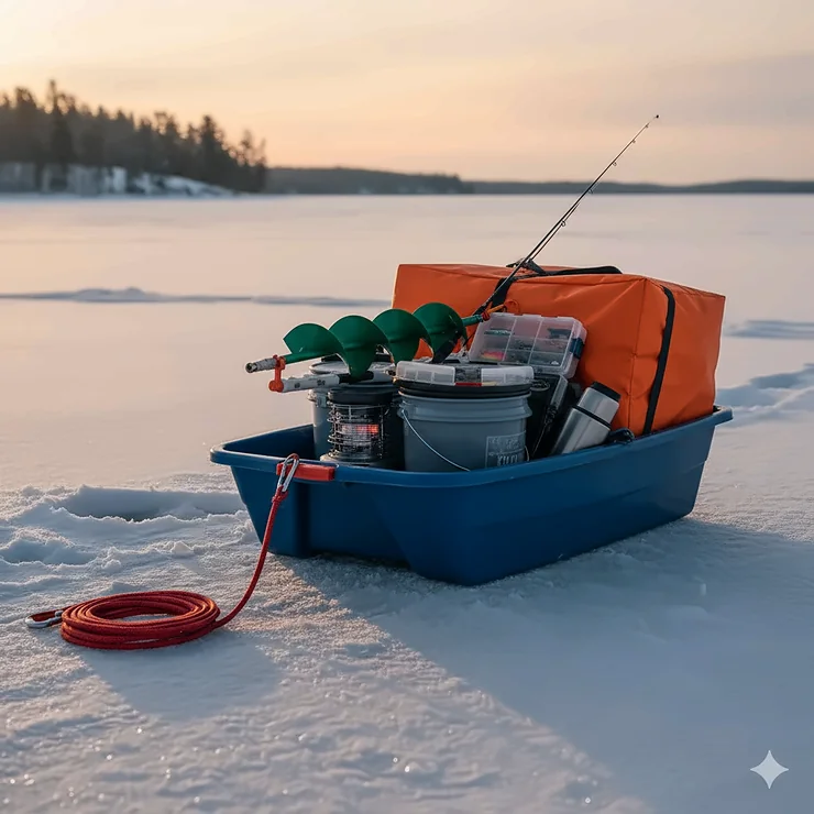 A fully packed ice fishing sled with all the necessary gear for a day on the frozen lake.