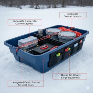 Various organizational storage options and dividers inside a practical ice fishing sled.