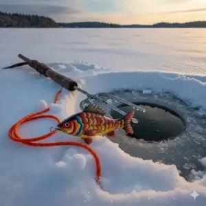 A detailed photo of a brightly colored, hand-carved decoy used to lure fish closer for the ice fishing spear.