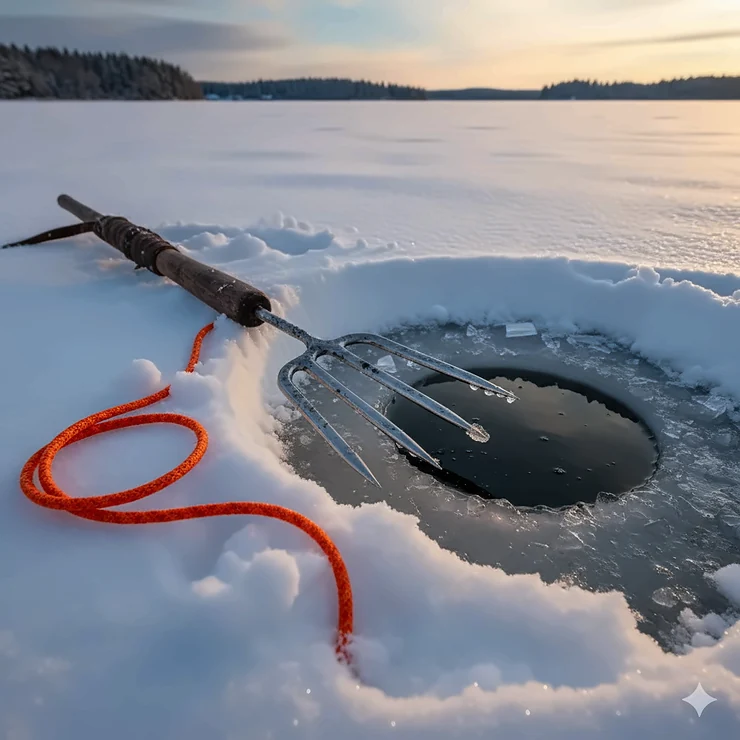 Close-up of a sharp, traditional ice fishing spear resting on the snow next to a freshly drilled hole, ready for use.