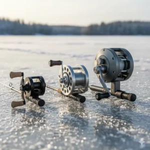 Comparison image showing three ice fishing reels of different sizes, from ultra-light to heavy-duty.