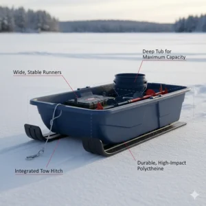Diagram illustrating the deep tub and durable construction of a high-utility ice sled for fishermen.