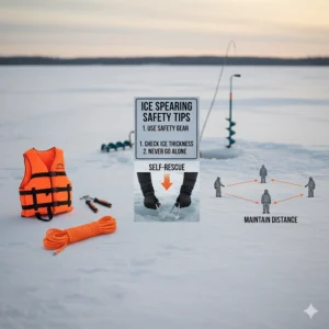 Essential safety gear and guidelines for safe ice fishing spear use, including ice picks and life vests.