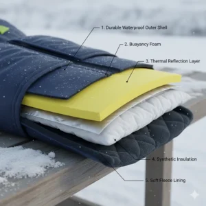 Diagram illustrating the layers of thermal insulation and waterproofing in a premium ice fishing float suit.