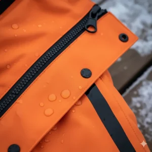 Detail shot of a waterproof zipper and storm flap on a high-quality ice fishing float suit to prevent moisture ingress.