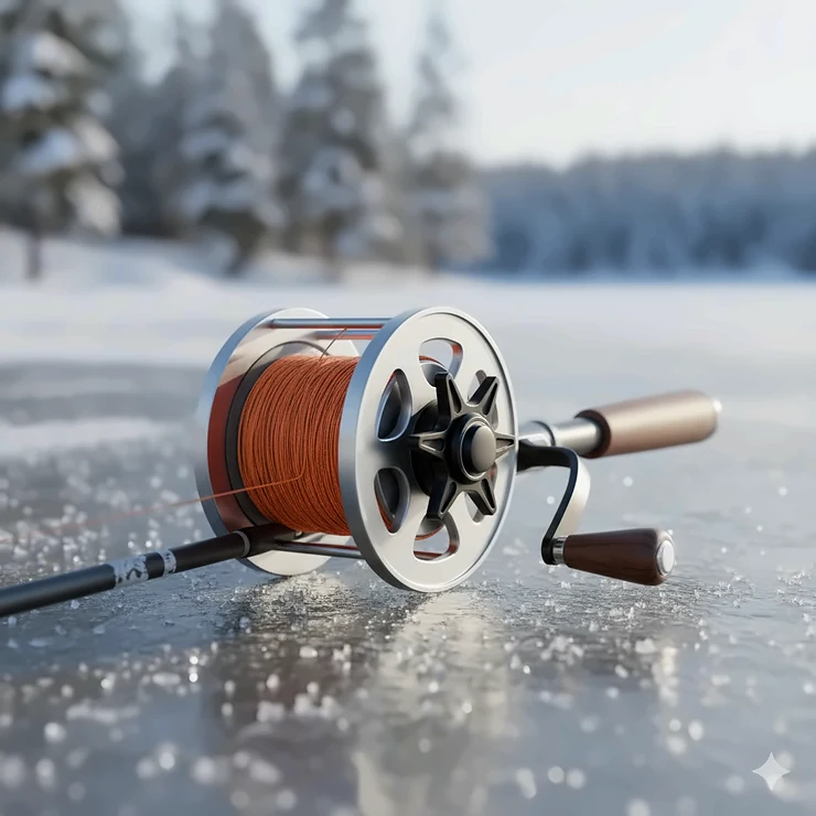 An inline ice fishing reel designed to prevent line twist, showing its unique spool orientation and smooth drag system.