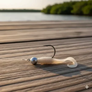 A rigged fishing setup showing a lightweight jig head attached to a grub-style lure, perfect for catching speckled trout.