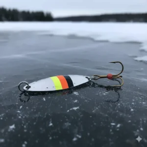 An illustration showing a typical metal jigging spoon with a treble hook, one of the most effective ice fishing lures.