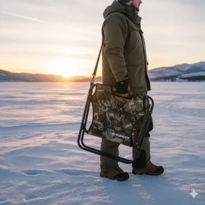 Portable folding ice fishing chair being carried easily across the ice.