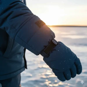 Image showing the extra-long cuff of ice fishing gloves extending over a jacket sleeve for warmth and protection.
