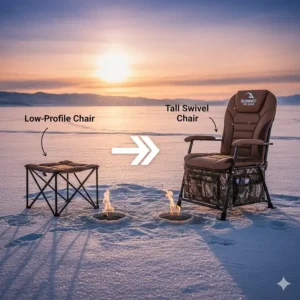 Comparison of a low-profile vs. a taller swivel ice fishing chair setup.
