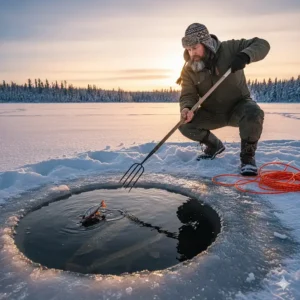An illustration showing the proper technique for a fisherman using an ice fishing spear to target fish through the ice.