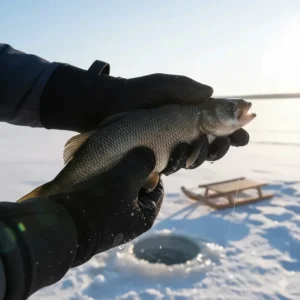 Durable neoprene ice fishing mittens, ideal for handling wet lines and slippery fish.
