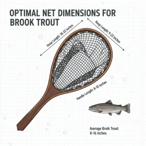 Diagram illustrating the optimal hoop and handle dimensions of a fly fishing net for landing brook trout.