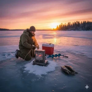 An ice fisherman packing up their gear after a day of fishing, with an ice fishing heater resting on the ice during sunset.