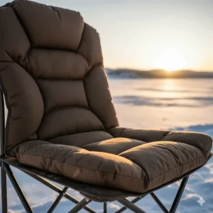 Close-up of the thick, comfortable padded seat and backrest on an insulated ice fishing chair.
