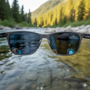 Angler wearing polarized sunglasses to spot trout in the water, a key trout fishing accessory for visibility.