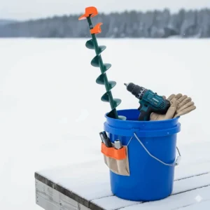 A compact, disassembled ice fishing auger and drill stored neatly inside a bucket, emphasizing portability.