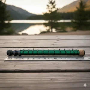 A fully collapsed portable telescopic trout rod next to a ruler to show its compact size for travel.