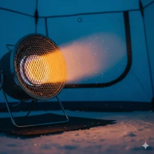 Close-up of a propane ice fishing heater actively running, providing warmth inside a cozy ice fishing tent.