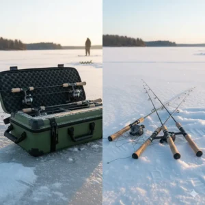 A visual comparison highlighting how the rod case prevents damage to valuable ice fishing rods versus rods stored loosely.