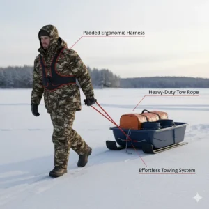 A fisherman easily pulling an ice fishing sled using a padded tow rope and harness system.