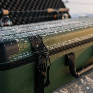Detail of the rugged, heavy-duty zippers and reinforced latches on the ice fishing rod case for secure closure.