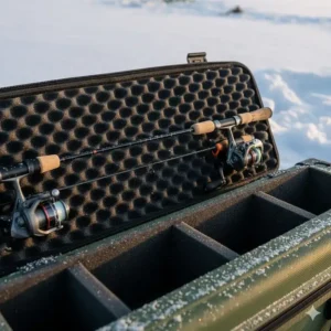 Close-up of the ice fishing rod case interior, showing the high-density foam slots for secure rod and reel organization.