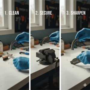 Step-by-step image showing how to safely sharpen ice fishing hand auger blades at home.
